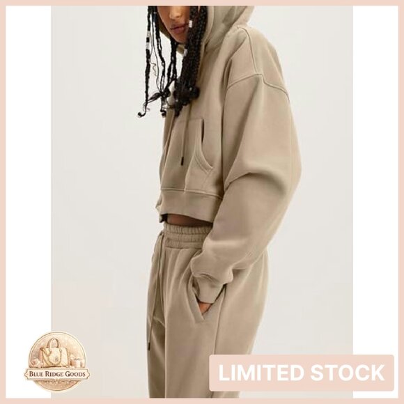 Fleece Crop Hoodie Jogger Set Y2K Chic Oversized Warm Winter Activewear - Picture 5 of 8